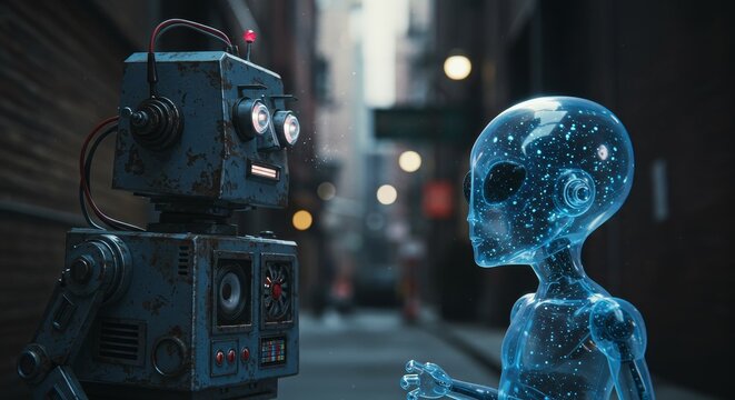 AI Robot vs Alien, AI, Robots and androids. AI Taking over the world, the concept of confrontation between humanity and artificial intelligence, alien invasion