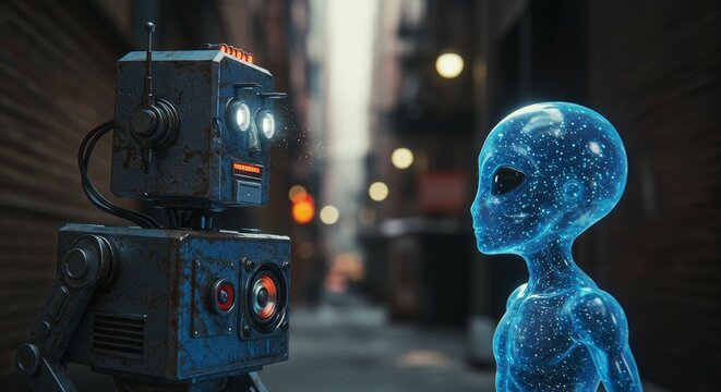 AI Robot vs Alien, AI, Robots and androids. AI Taking over the world, the concept of confrontation between humanity and artificial intelligence, alien invasion
