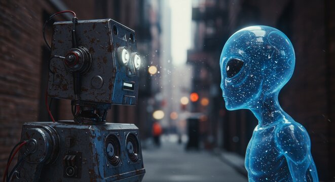 AI Robot vs Alien, AI, Robots and androids. AI Taking over the world, the concept of confrontation between humanity and artificial intelligence, alien invasion