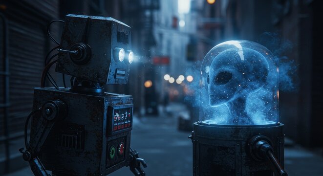 AI Robot vs Alien, AI, Robots and androids. AI Taking over the world, the concept of confrontation between humanity and artificial intelligence, alien invasion