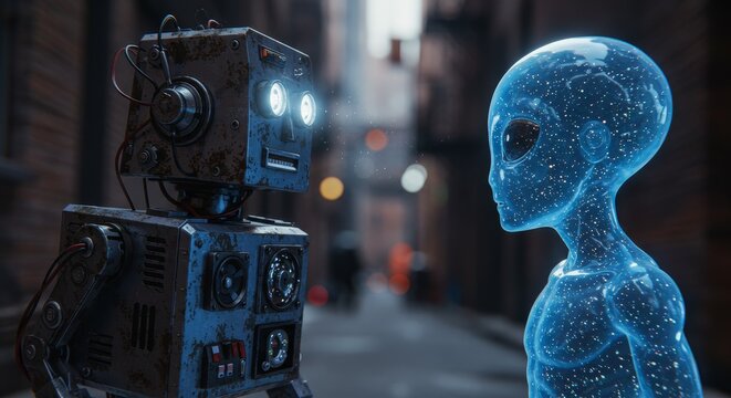 AI Robot vs Alien, AI, Robots and androids. AI Taking over the world, the concept of confrontation between humanity and artificial intelligence, alien invasion