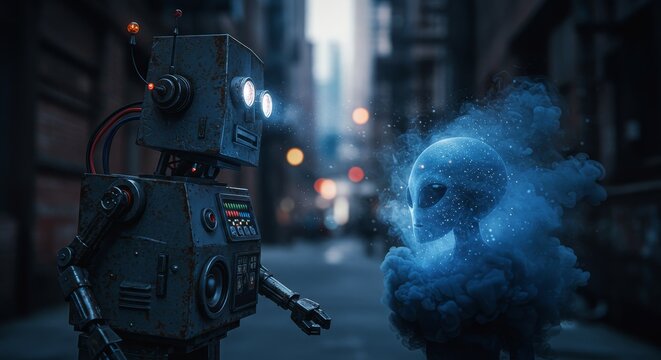 AI Robot vs Alien, AI, Robots and androids. AI Taking over the world, the concept of confrontation between humanity and artificial intelligence, alien invasion
