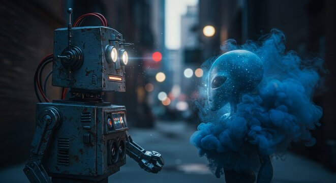 AI Robot vs Alien, AI, Robots and androids. AI Taking over the world, the concept of confrontation between humanity and artificial intelligence, alien invasion