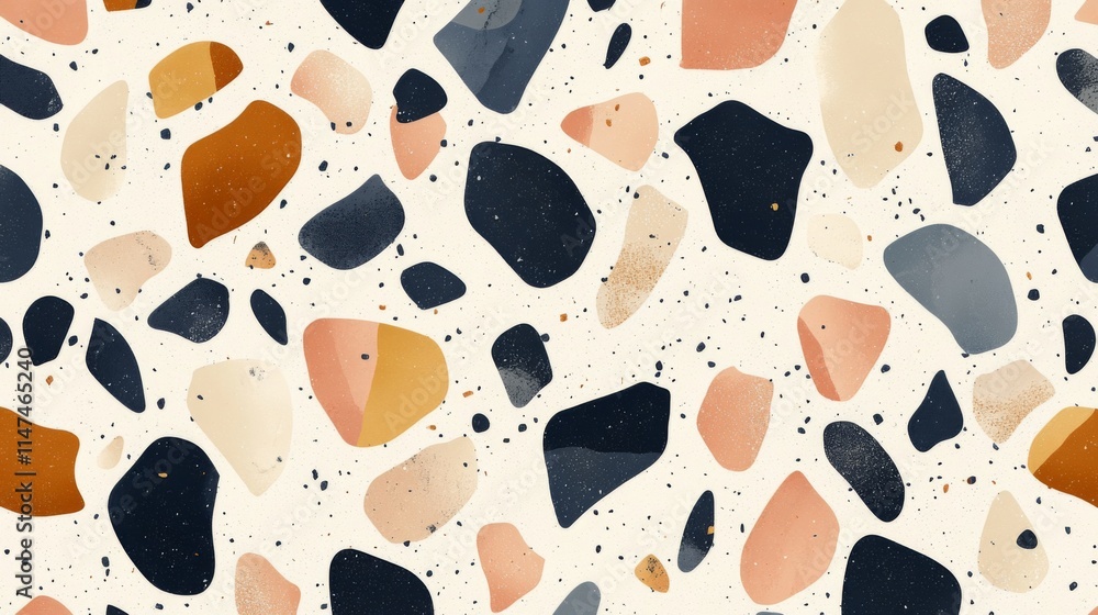 Poster abstract terrazzo pattern with warm colors and speckled background.