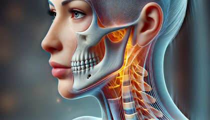 3D illustration of a human chin showcasing the bone structure and mandibular connection for anatomical education and medical studies.