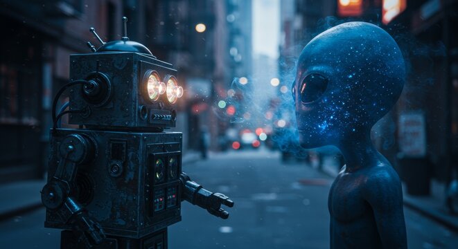AI Robot vs Alien, AI, Robots and androids. AI Taking over the world, the concept of confrontation between humanity and artificial intelligence, alien invasion