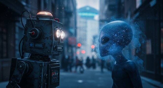 AI Robot vs Alien, AI, Robots and androids. AI Taking over the world, the concept of confrontation between humanity and artificial intelligence, alien invasion