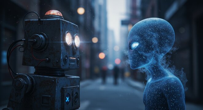 AI Robot vs Alien, AI, Robots and androids. AI Taking over the world, the concept of confrontation between humanity and artificial intelligence, alien invasion