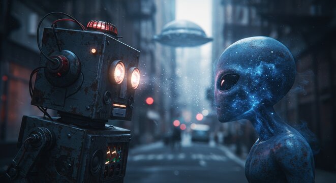AI Robot vs Alien, AI, Robots and androids. AI Taking over the world, the concept of confrontation between humanity and artificial intelligence, alien invasion