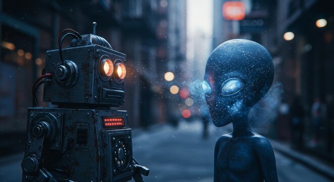 AI Robot vs Alien, AI, Robots and androids. AI Taking over the world, the concept of confrontation between humanity and artificial intelligence, alien invasion