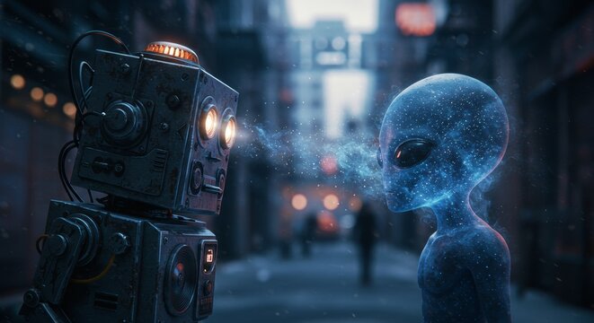 AI Robot vs Alien, AI, Robots and androids. AI Taking over the world, the concept of confrontation between humanity and artificial intelligence, alien invasion
