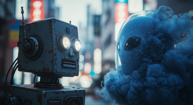 AI Robot vs Alien, AI, Robots and androids. AI Taking over the world, the concept of confrontation between humanity and artificial intelligence, alien invasion