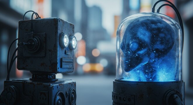 AI Robot vs Alien, AI, Robots and androids. AI Taking over the world, the concept of confrontation between humanity and artificial intelligence, alien invasion
