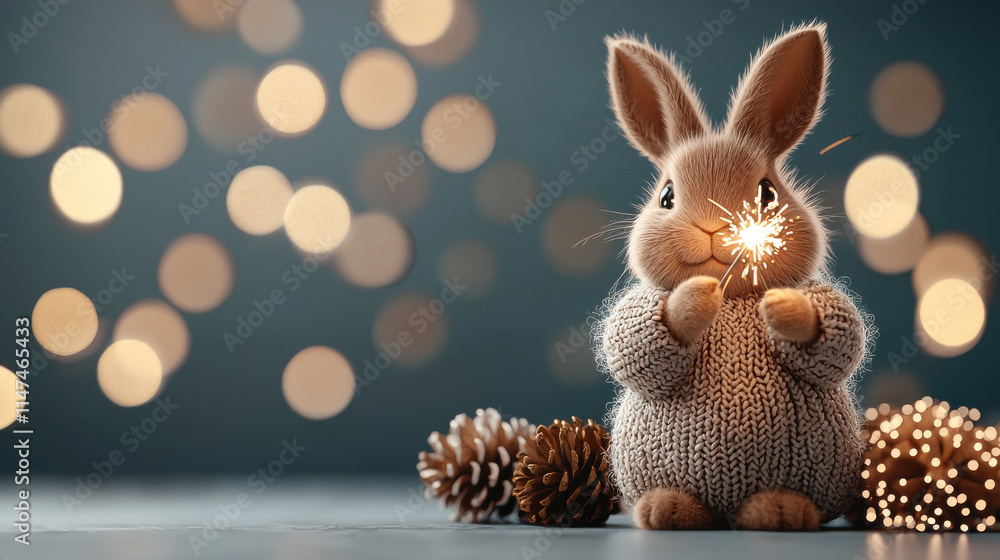 Poster cute rabbit holding sparkler, surrounded by pine cones and soft bokeh lights, creates festive and jo