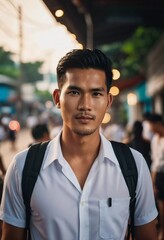 Fototapeta premium A young man wearing a white shirt and carrying a backpack stands confidently in a lively street in Thailand. The warm light of the setting sun enhances the atmosphere around him. Generative AI