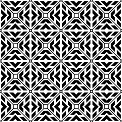 Seamless black and white geometric pattern. Symmetrical design with repeating geometric shapes. Suitable for backgrounds, wallpapers, textile designs, prints, decorative projects, etc.