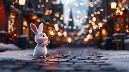 cute rabbit holding sparkler in snowy street, surrounded by festive lights. enchanting atmosphere creates magical winter scene