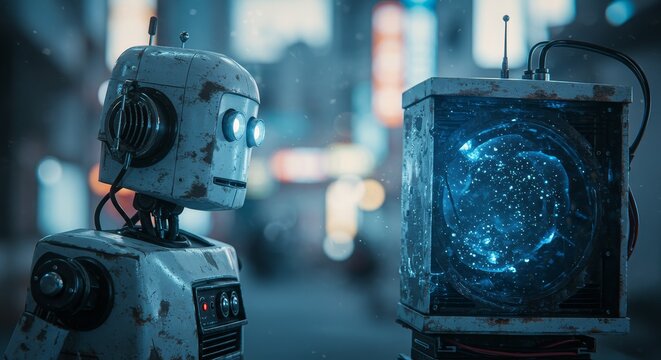 AI Robot vs Alien, AI, Robots and androids. AI Taking over the world, the concept of confrontation between humanity and artificial intelligence, alien invasion