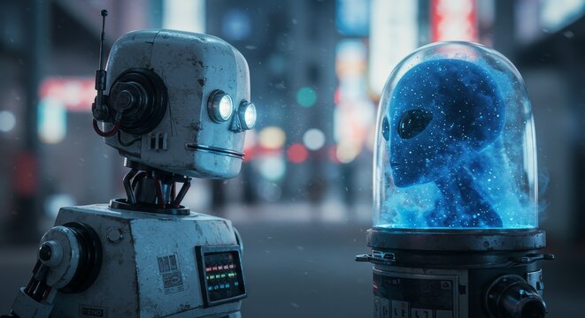 AI Robot vs Alien, AI, Robots and androids. AI Taking over the world, the concept of confrontation between humanity and artificial intelligence, alien invasion