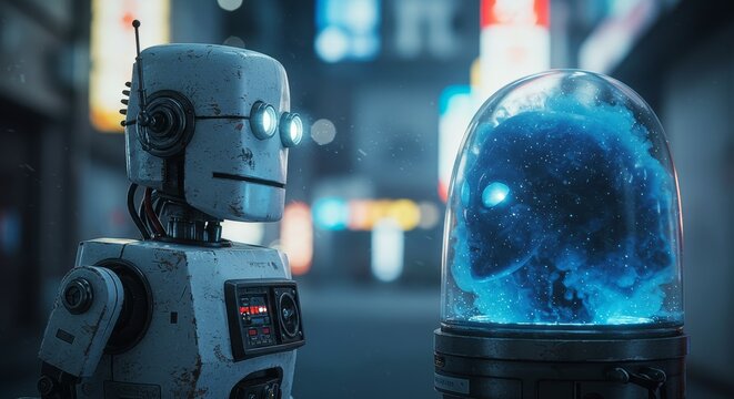 AI Robot vs Alien, AI, Robots and androids. AI Taking over the world, the concept of confrontation between humanity and artificial intelligence, alien invasion