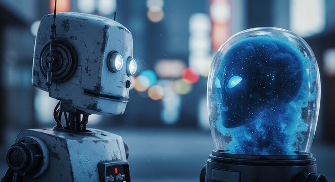 AI Robot vs Alien, AI, Robots and androids. AI Taking over the world, the concept of confrontation between humanity and artificial intelligence, alien invasion