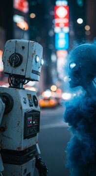 AI Robot vs Alien, AI, Robots and androids. AI Taking over the world, the concept of confrontation between humanity and artificial intelligence, alien invasion