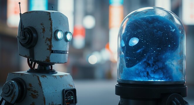 AI Robot vs Alien, AI, Robots and androids. AI Taking over the world, the concept of confrontation between humanity and artificial intelligence, alien invasion