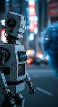 AI Robot vs Alien, AI, Robots and androids. AI Taking over the world, the concept of confrontation between humanity and artificial intelligence, alien invasion
