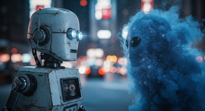 AI Robot vs Alien, AI, Robots and androids. AI Taking over the world, the concept of confrontation between humanity and artificial intelligence, alien invasion
