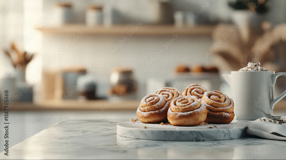 Poster freshly baked cinnamon rolls on marble countertop, dusted with powdered sugar, create warm and invit