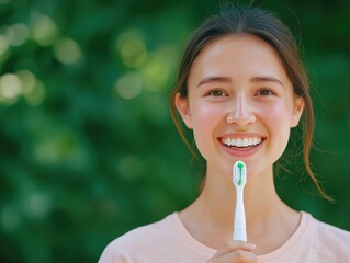 Dental tooth preventive concept. Smiling woman brushing teeth outdoors personal care natural environment close-up view healthy habits