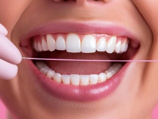 Dental tooth preventive concept. Oral health care action flossing teeth in a dental setting close-up view hygiene concept