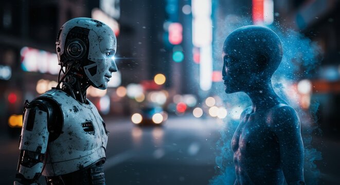 AI Robot vs Alien, AI, Robots and androids. AI Taking over the world, the concept of confrontation between humanity and artificial intelligence, alien invasion