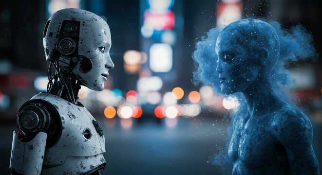 AI Robot vs Alien, AI, Robots and androids. AI Taking over the world, the concept of confrontation between humanity and artificial intelligence, alien invasion