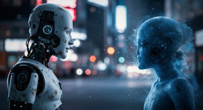 AI Robot vs Alien, AI, Robots and androids. AI Taking over the world, the concept of confrontation between humanity and artificial intelligence, alien invasion