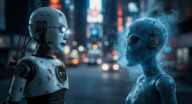 AI Robot vs Alien, AI, Robots and androids. AI Taking over the world, the concept of confrontation between humanity and artificial intelligence, alien invasion