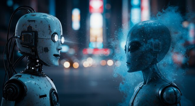 AI Robot vs Alien, AI, Robots and androids. AI Taking over the world, the concept of confrontation between humanity and artificial intelligence, alien invasion