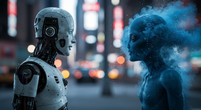 AI Robot vs Alien, AI, Robots and androids. AI Taking over the world, the concept of confrontation between humanity and artificial intelligence, alien invasion