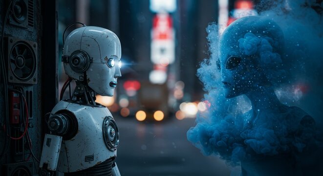 AI Robot vs Alien, AI, Robots and androids. AI Taking over the world, the concept of confrontation between humanity and artificial intelligence, alien invasion