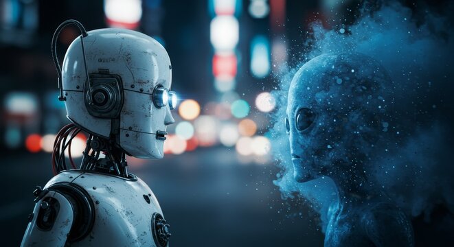AI Robot vs Alien, AI, Robots and androids. AI Taking over the world, the concept of confrontation between humanity and artificial intelligence, alien invasion