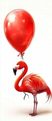 Flamingo holding balloon artistic display whimsical environment bright colors creative concept