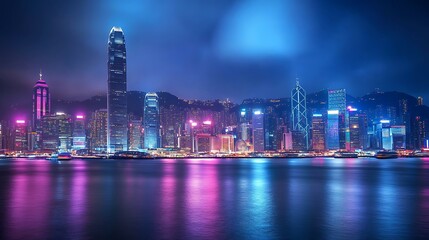 Fototapeta premium Vibrant Hong Kong Skyline Night Cityscape Illuminates Harbor