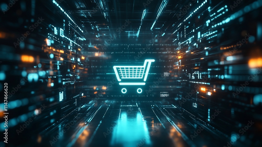 Poster digital shopping cart icon in a futuristic, data-driven environment.