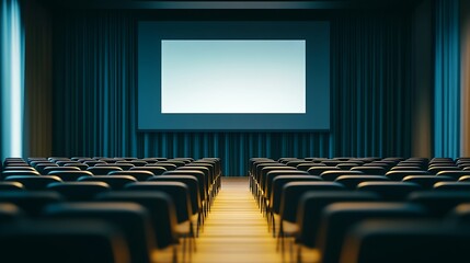 Empty cinema with a large projection screen and rows of seats.