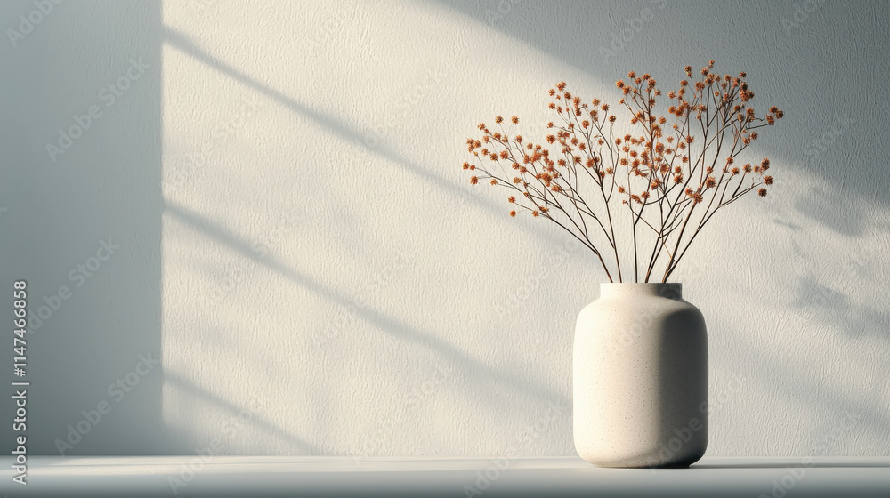 Poster minimalist flower vase with dried branches casts soft shadows on wall, creating serene atmosphere. n