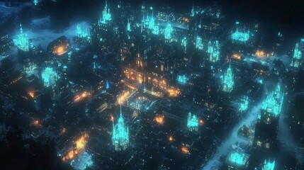 Aerial view of a glowing fantasy city at night.