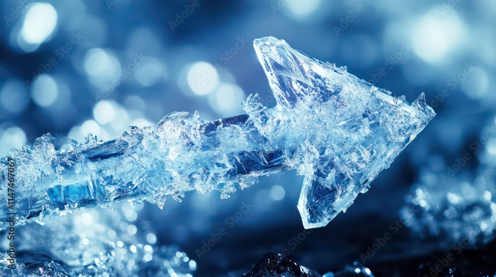 Aufkleber close-up of a frosty arrow pointing right, with a blurred bokeh background.