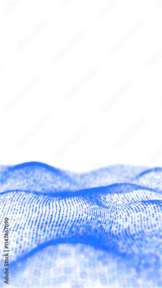 Poster blue glowing circles particles wave at the bottom isolated on a transparent background, bokeh effect