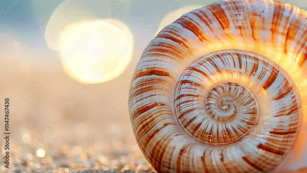 Poster closeup of a spiral seashell resting on sandy beach with shimmering water background, closeup of spi