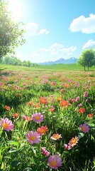 A vibrant landscape featuring a colorful field of blooming flowers, with lush greenery, under a bright blue sky and soft clouds, creating a serene and cheerful atmosphere.